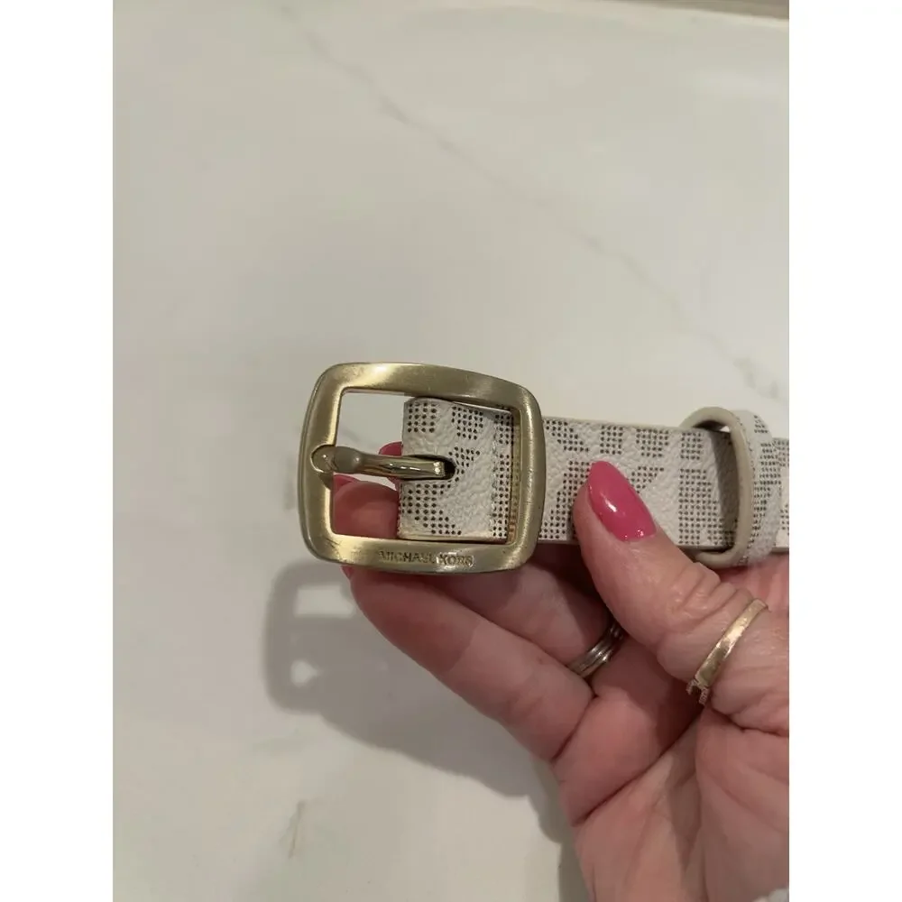 Michael Kors Belt Vanilla Mini Signature Printed MK Logo Gold Buckle 1” Sz Small